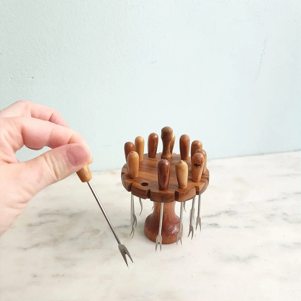 Vintage MCM‎ Olive Wood Cocktail Appetizer Pick Set 12 Piece with Stand